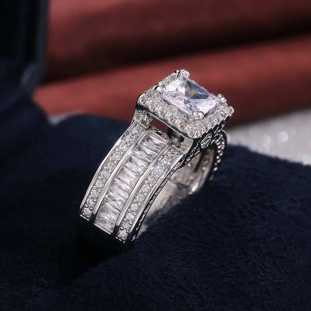 NEW Silver Princess Cut Diamond Halo Ring 3 - Picture 2 of 11
